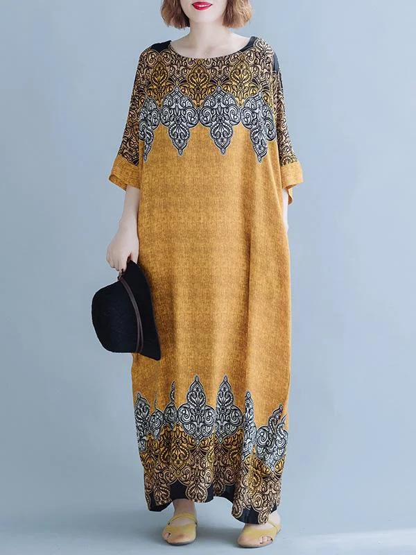 Casual Floral Printed Round-neck Maxi Dress