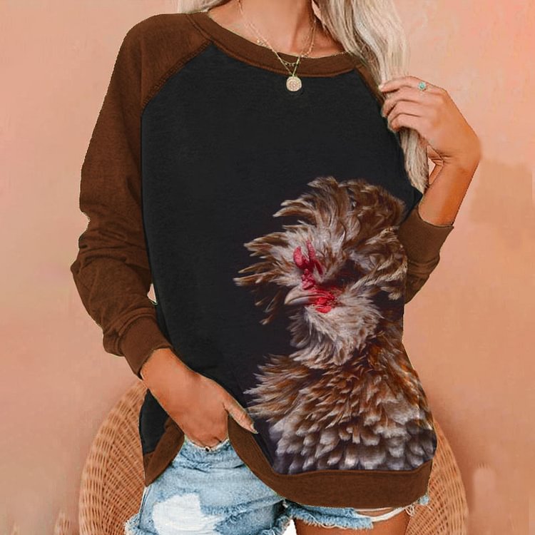 Vefave Long Sleeve Crewneck Chicken Print Sweatshirt