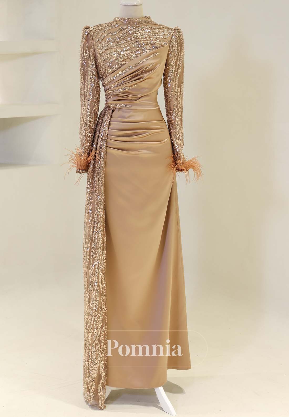 High Neck Long Sleeves Empire-Waist Ruched Feathers Formal Evening Dress