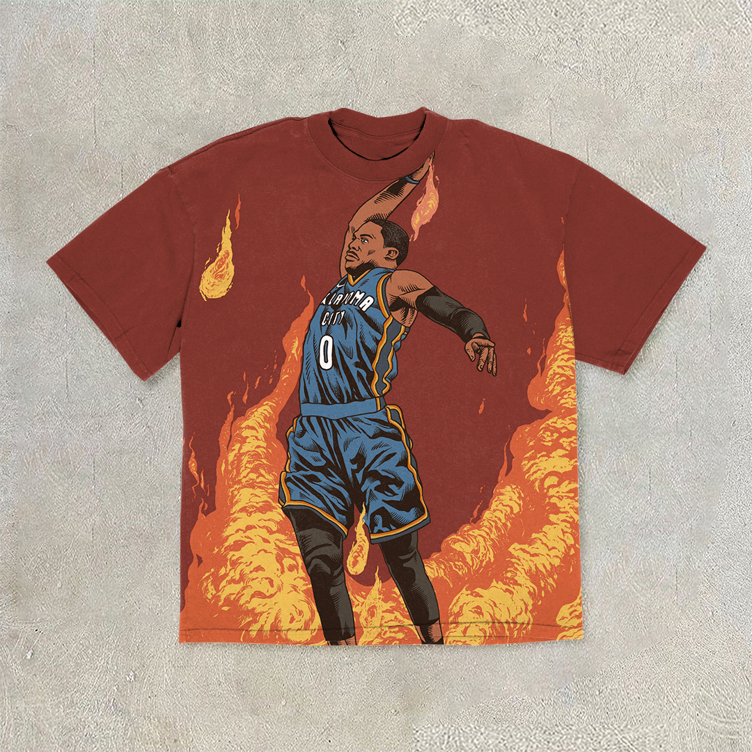 Hip-hop fashion brand flame basketball T-shirt