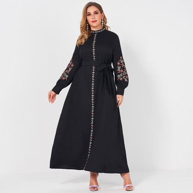Ladies Fashion Resort Small Stand Collar Floral Embroidery Long Sleeve Loose Belt Sweet Elegant Woman Black Party Maxi Dress 4XL - BlackFridayBuys
