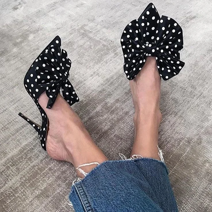 Black Pointed Toe Stiletto Shoes Polka Dots Bow High Heel Mules |FSJ Shoes