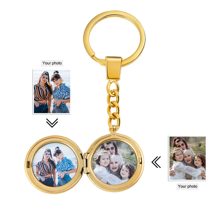 Photo Locket Keychain In Gold Personalized 2 Photos Gift for Family