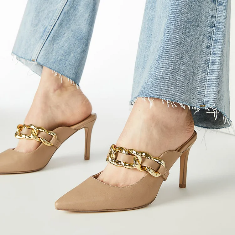 Nude Pointed Toe Chain Strappy Stiletto Heeled Mules Shoes |FSJ Shoes