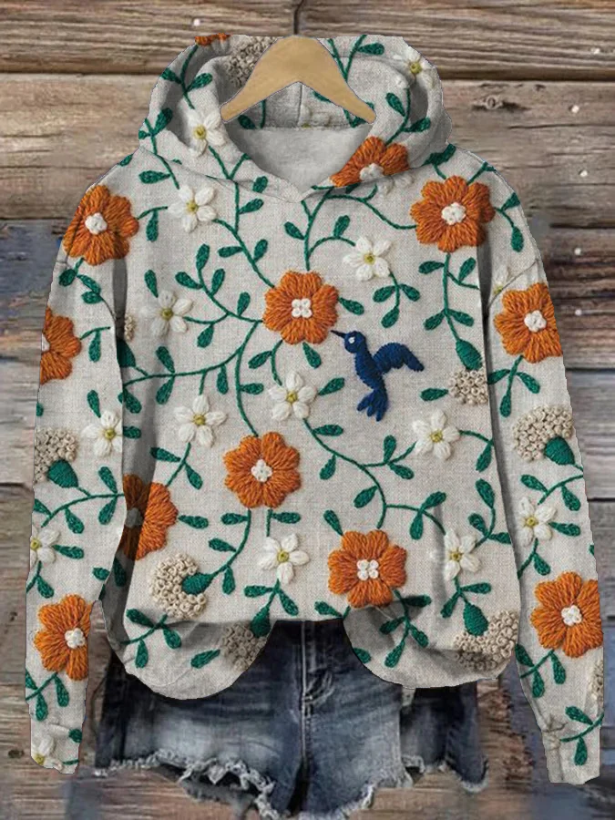 Women's Hummingbird And Flower Embroidery Print Casual Hoodie