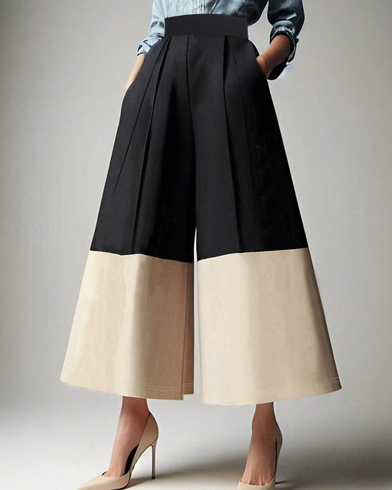 Colorblock Side Pockets Casual Wide Leg Pants