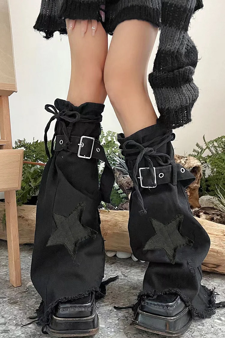 Gothic Black Casual Denim Star Embroidery Lace Up Bootcut Leg Cover