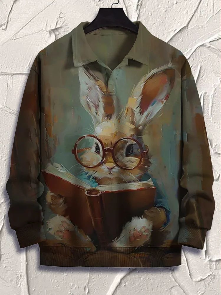 Men's Easter Day Rabbit Reading A Book Print Casual Polo Sweatshirt