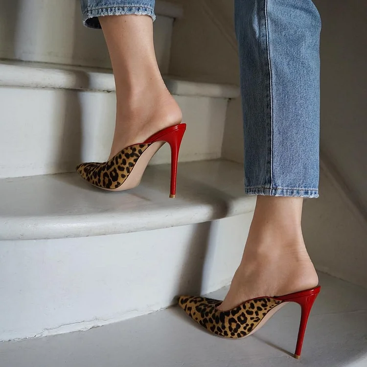 Stylish Leopard Print Pointy Toe High Heel Mules for Women |FSJ Shoes