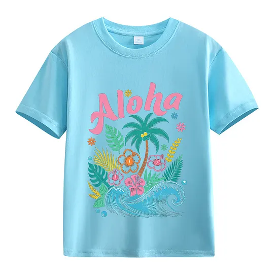 【2Y-13Y】Kids' “Aloha” Fresh Tropical & Hawaiian Style Cartoon Print T-Shirt