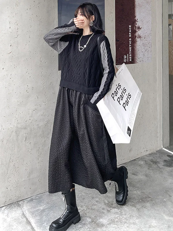 Original Contrast Color Knitting Split-Joint A-Line Sweater Dress