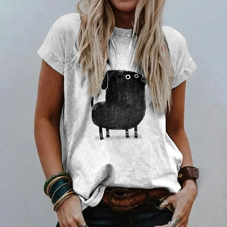 Black Dog Print Crew Neck T-Shirt