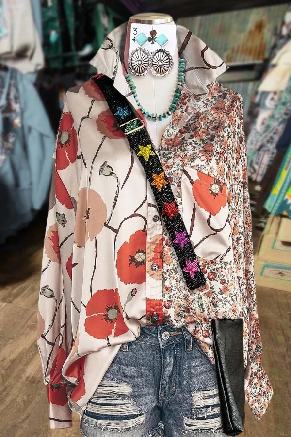 Mixed Floral Print High Neck Long Sleeve Blouse