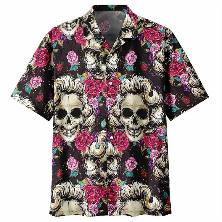 Men's Skull & Rose Print Fashion Casual Resort Shirt