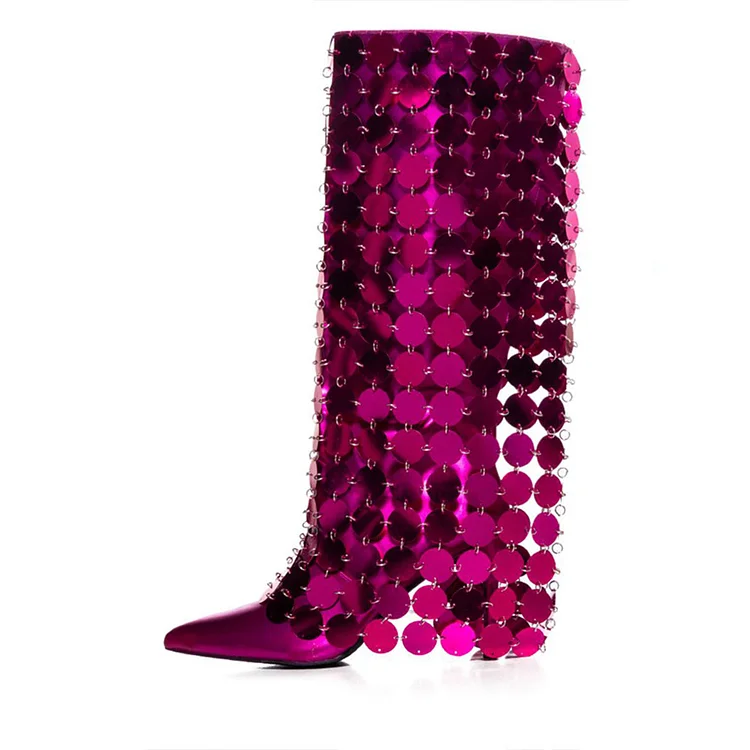 Fuchsia Metallic Knee Disc Chainmail Fold Over Boots with Stilettos |FSJ Shoes