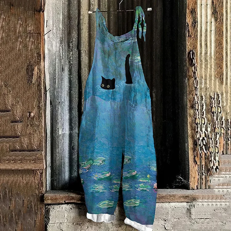 Comstylish Vintage Cats Art Painting Linen Blend Loose Casual Jumpsuit