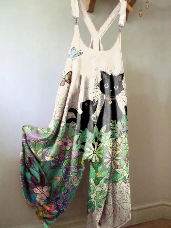 Casual cut cat printed cotton linen Jumpsuit