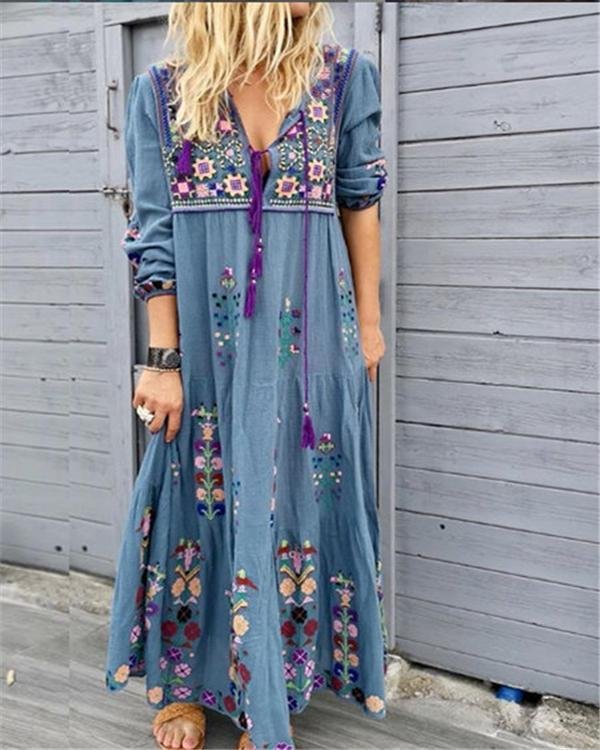 bohemian floral printing long sleeve maxi dresses p117479