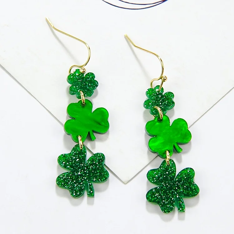 St. Patrick Glitter Acrylic Green Clover Earrings For Women Girls Holiday Jewelry Gift