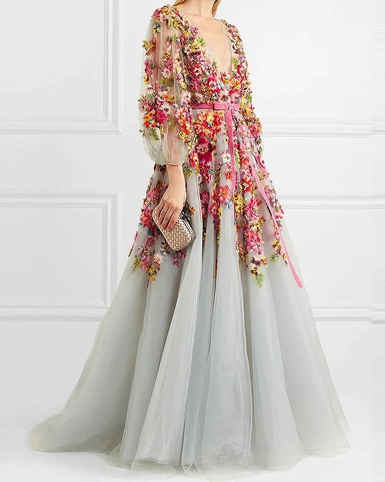Multi-layer mesh V-neck Maxi Dress Flowers ​- 01