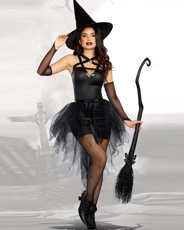 Sexy Gothic Halloween Tulle Dress Witch Costume 5PCS Outfit - Chicaggo
