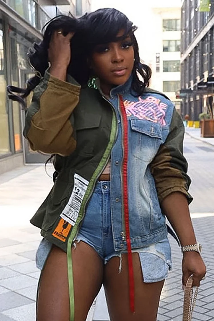 Colorblock Patchwork Print Button Down Pocket Jacket