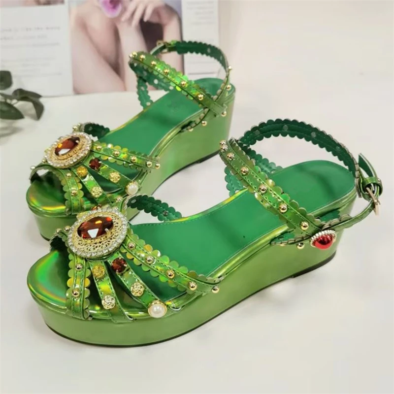 TAAFO Diamond Rhinestone Buckle Sandals Women High Platform Wedges Ankle Strap Rivet Embellished Party Shoes 