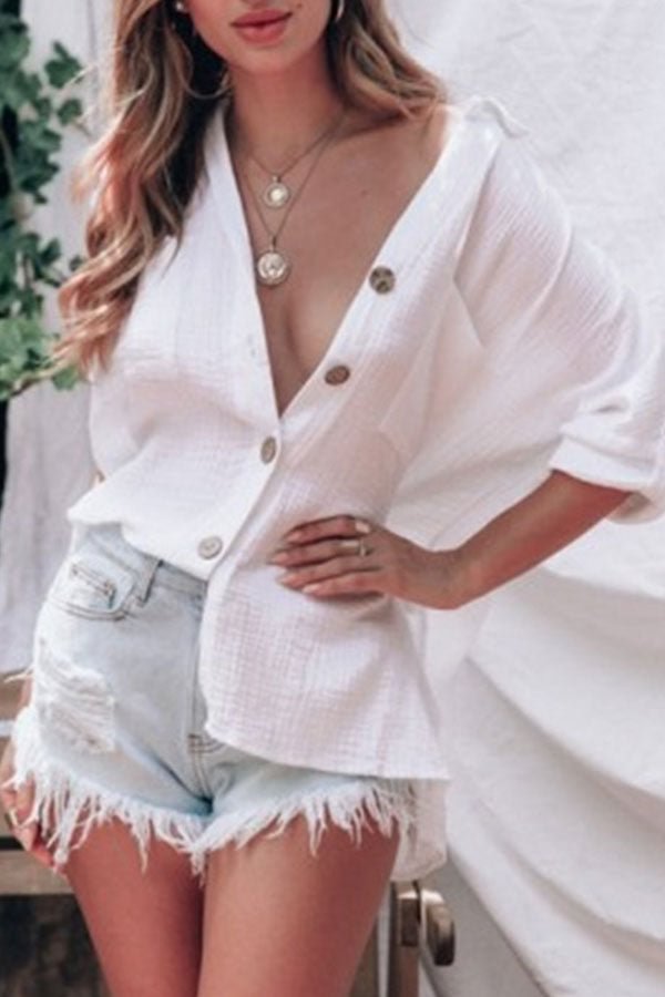 White V-neck Buttons Blouse - BlackFridayBuys