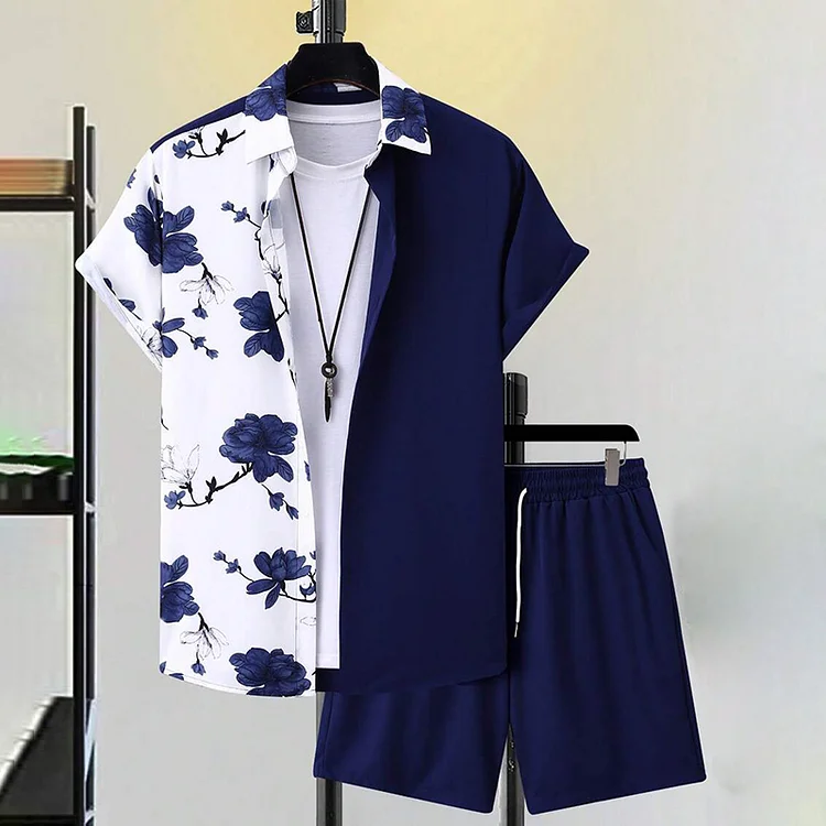 Comstylish Hawaiian Vacation Color Block Flower Print Short Sleeved Two Piece Set