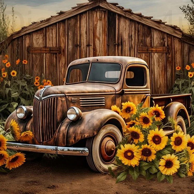 Sunflower Vintage Car 30*30CM (Canvas) Full Round Drill Diamond Painting gbfke