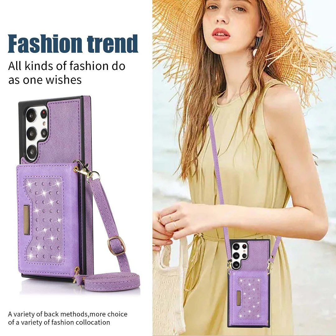 Rhinestones Crossbody Wallet Leather Phone Case With Cards Holder Phone Stand And Lanyard For Galaxy S22/S22+/S22 Ultra