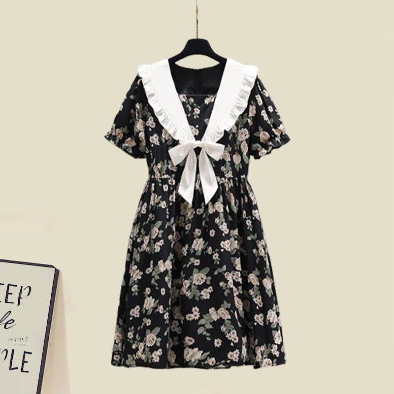 Sailor Collar Bow Knot Floral Print Dress