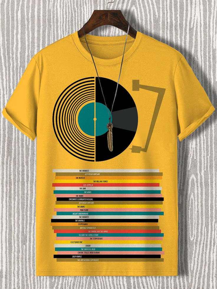 Men's Retro Vinyl Records Art Print Cotton Casual T-Shirt