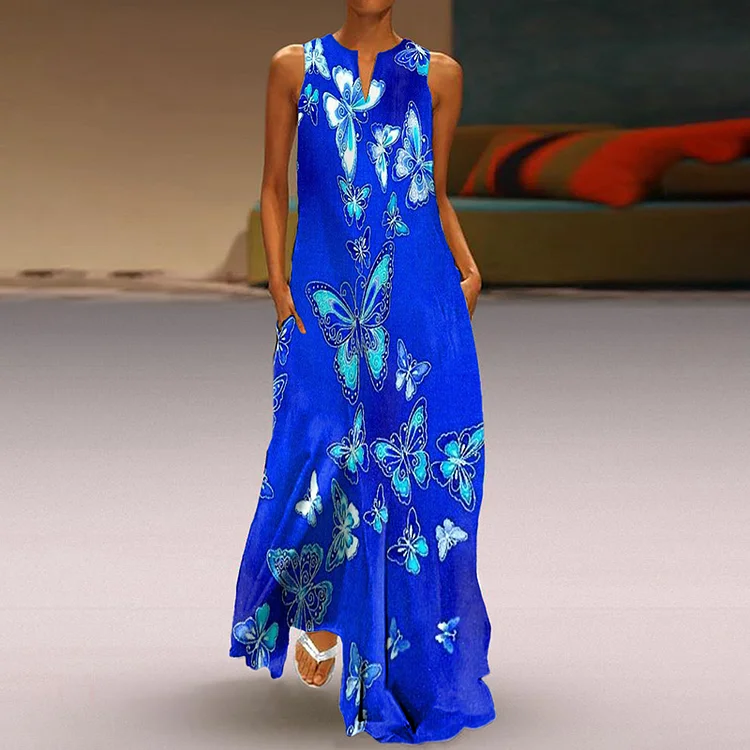 Vefave Butterfly Print Sleeveless Maxi Dress