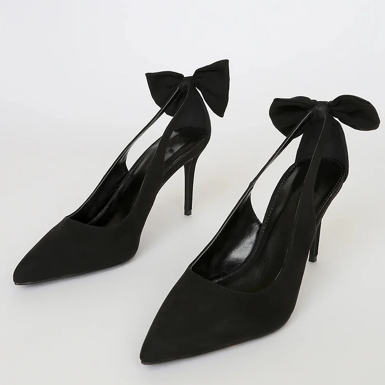 Black Vegan Suede Pointed Toe Elegant Bow Hollow Out Pumps Heels |FSJ Shoes