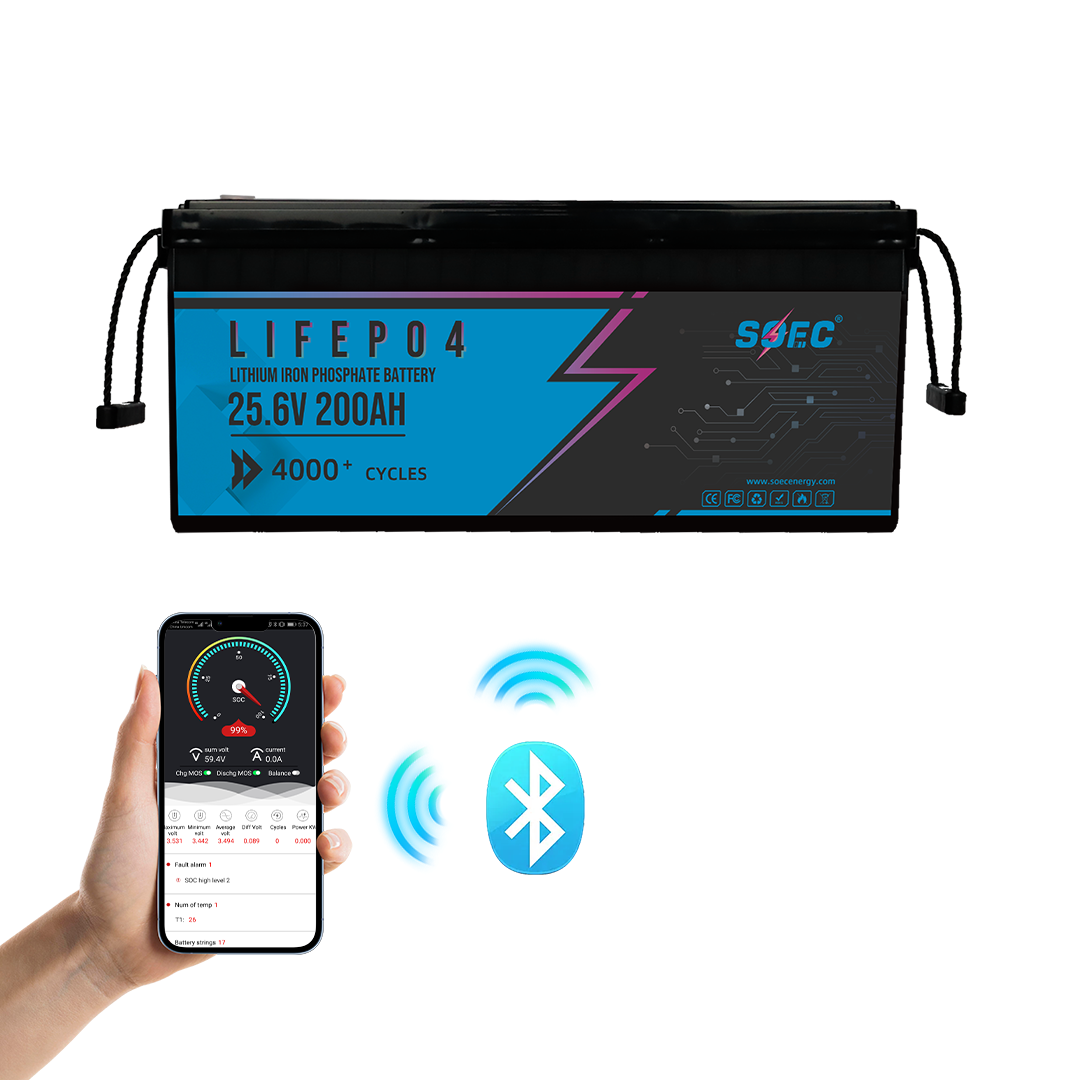 SOEC 24V 200Ah LiFePO4 Battery with Bluetooth, Built-in Smart 200A BMS