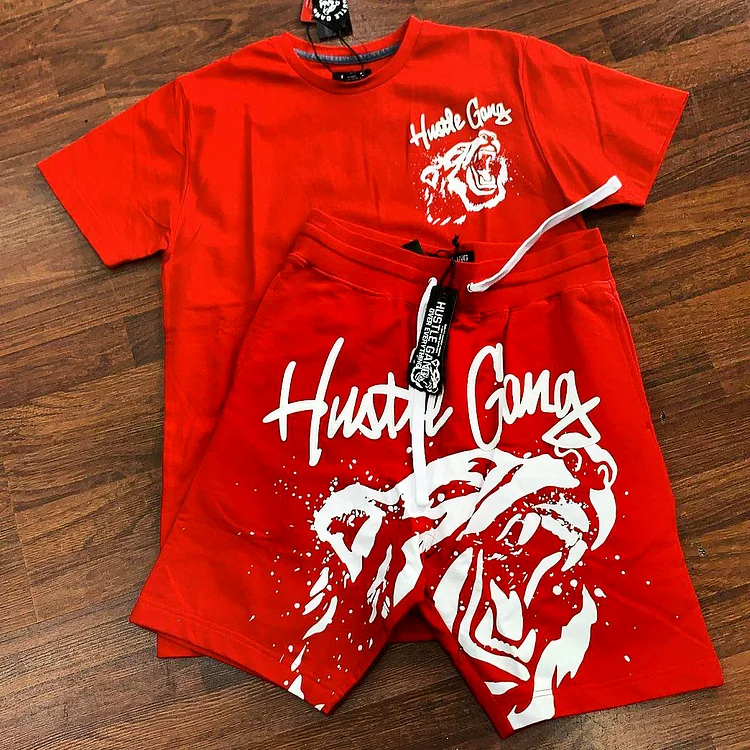 Red fashion casual hustle Gang print short sleeve two piece set