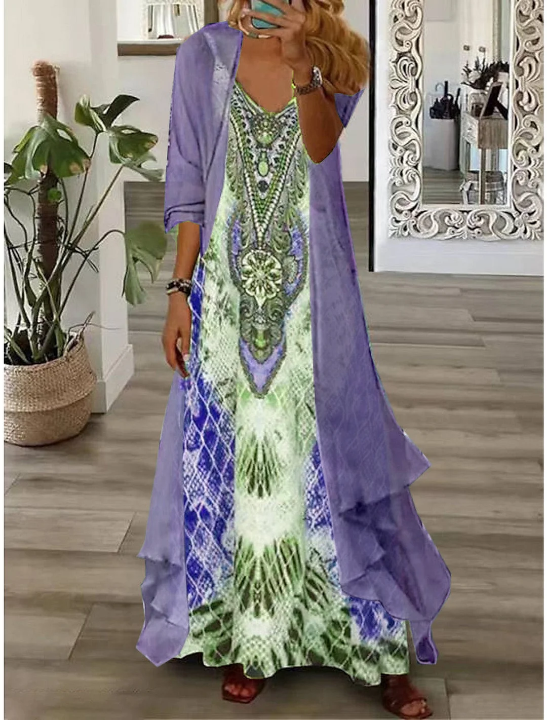 Women's Half Sleeve V-neck Graphic Printed Two Pieces Maxi Dress