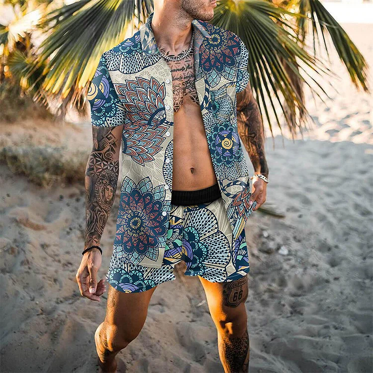 Men's Clothing 3D flame love pattern casual beach pants + short-sleeved shirt men's summer loose suit DIY_ ecoleips_old