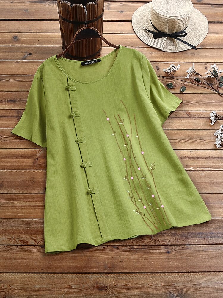 Embroidery Frog Button O neck Short Sleeve T shirt P1669305