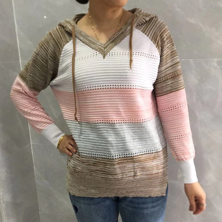 Comstylish Vintage V-Neck Contrast Hooded Sweater