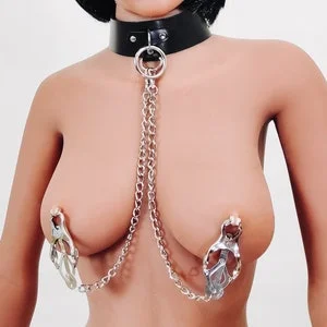 pornhint Pornhint leather O ring Collar with nipple clamps,non piercing nipple clamps,bdsm body chain,black choker,bondage set,bdsm gear,mature