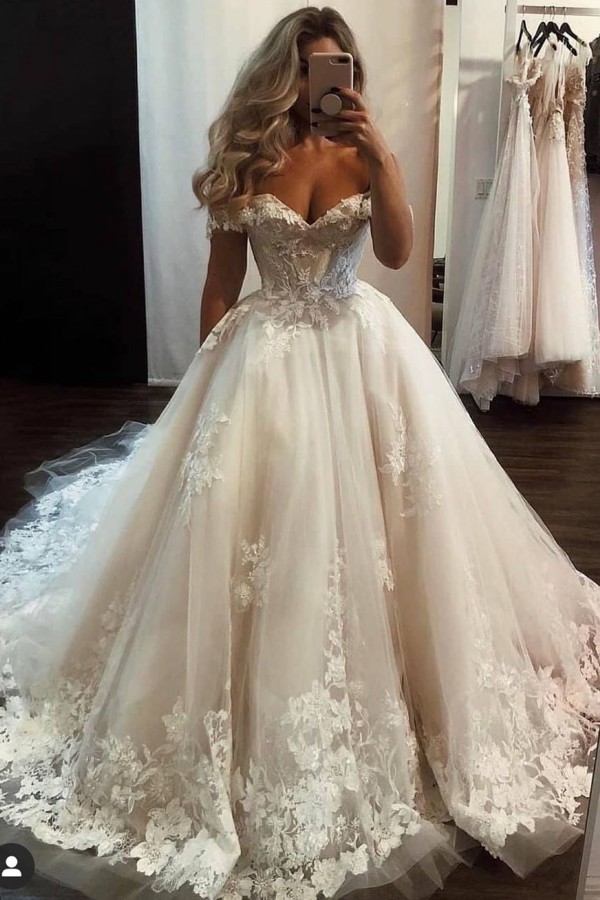 Daisda Luxury Long A Line Off The Shoulder Wedding Dress With Tulle Lace