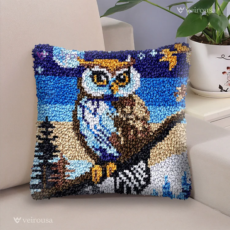 Moonlight Owl Latch Hook Pillow Kit for Adult, Beginner and Kid veirousa