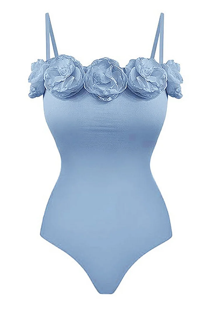 1950s Blue Vacation Solid Color Blue Rose Decor Cami One Piece Swimsuit