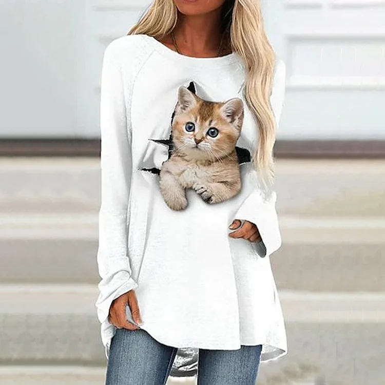 Vefave Cat Print Casual Crew Neck Tunic