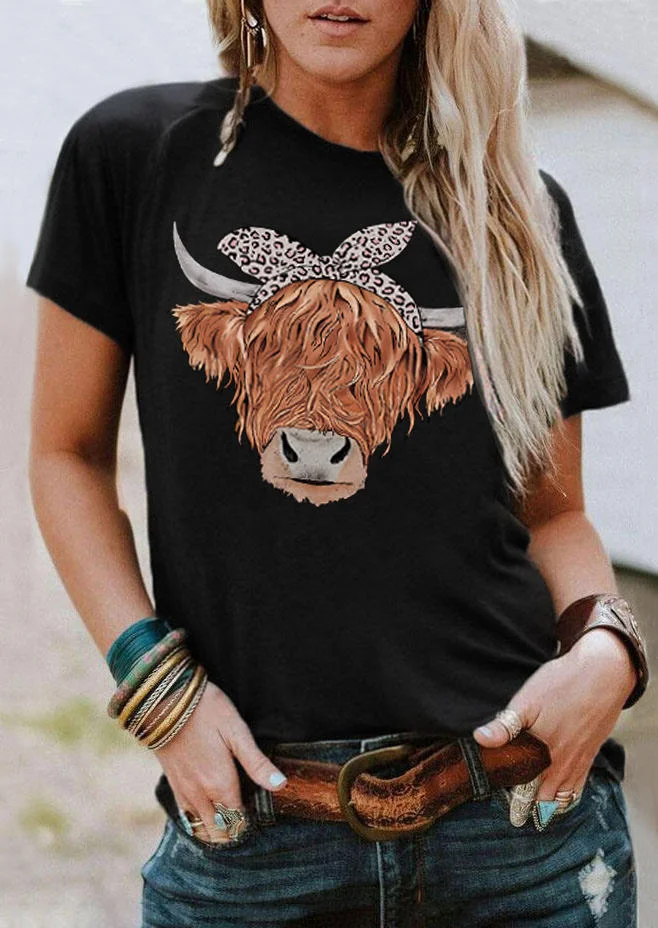 Highland Cattle Leopard O-Neck T-Shirt Tee - Black