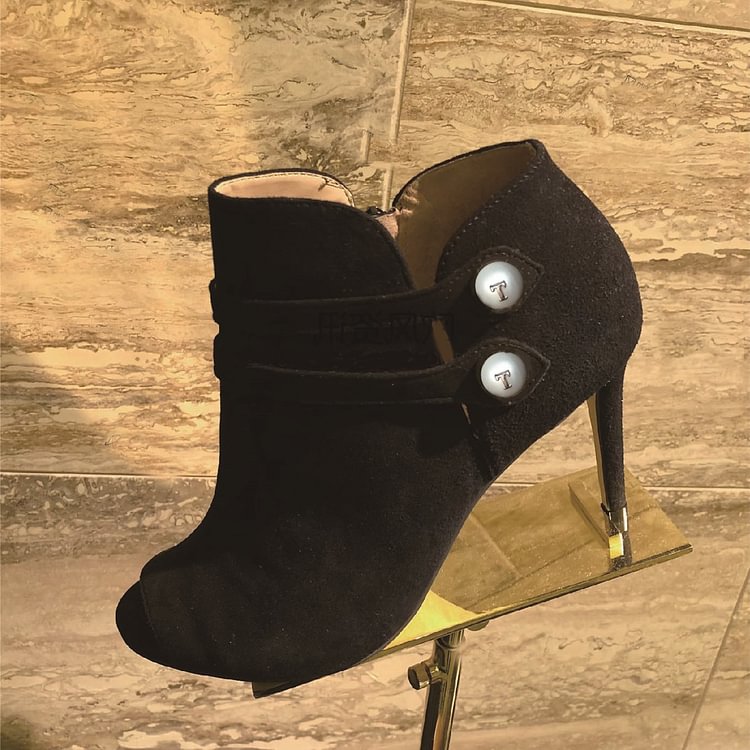 Black Suede Buckles Peep Toe Stiletto Boots |FSJ Shoes