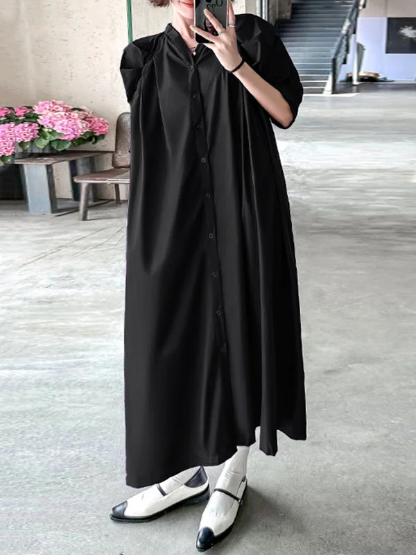 Bishop Sleeve Roomy Buttoned Pleated Pure Color V-Neck Midi Dresses Shirt Dress