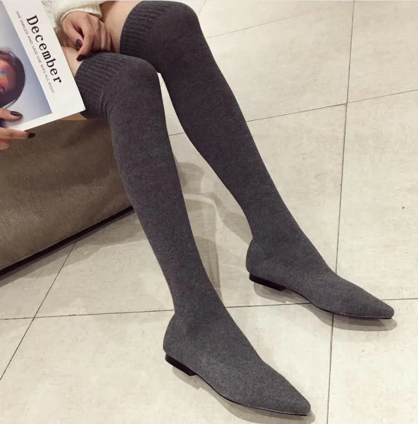 VCSHOES Flat Bottomed Boots Knitted Wool Socks Pointed Elastic Boots